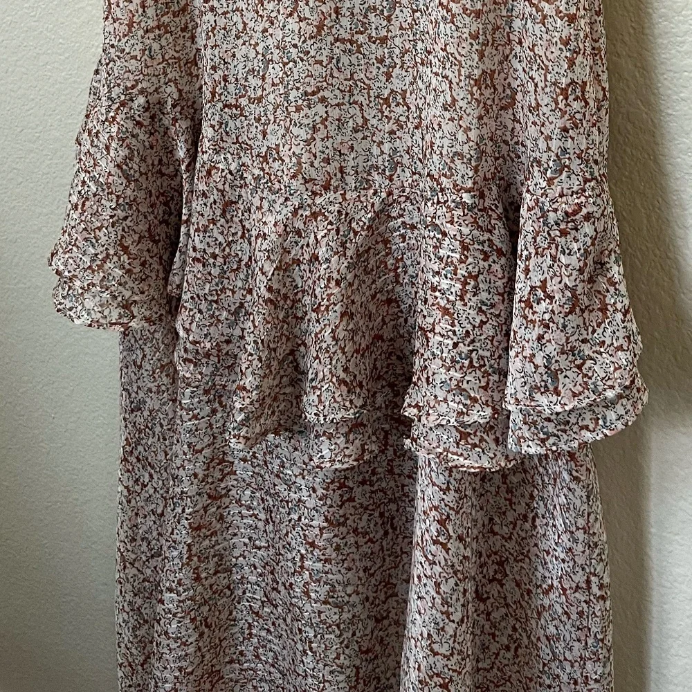 FLORET STUDIOS | Cold Shoulder Asymmetric Ruffle Dress In Rust-Cream | Size XS